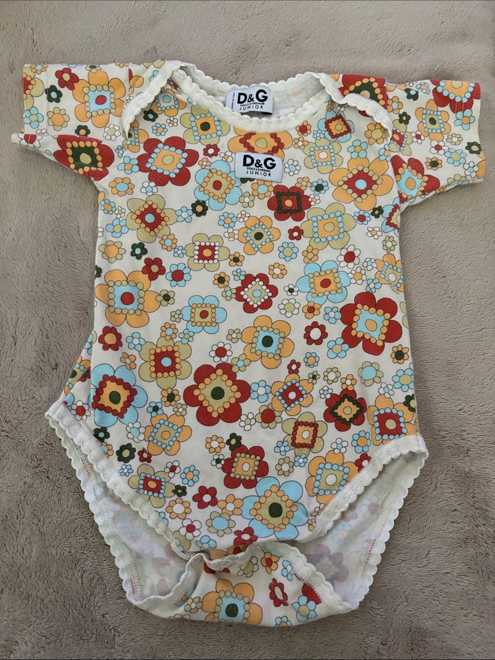 Dolce & Gabbana Cream Floral-Print Cotton Bodysuit with Red & Yellow Accents